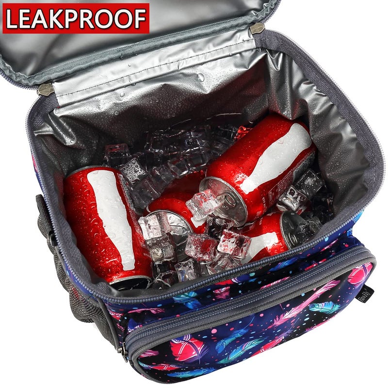 FlowFly Insulated Reusable Lunch Bag Adult Large Lunch Box for Women and Men with Adjustable Shoulder Strap,Front Zipper Pocket and Dual Large Mesh Side Pockets,Feather - Image 3